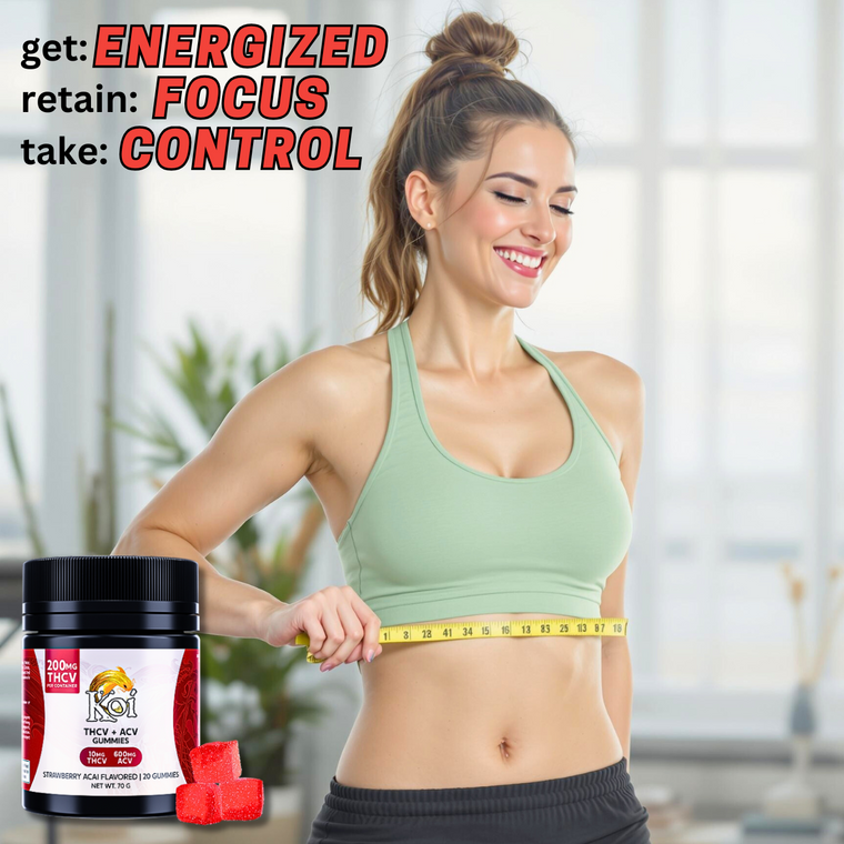 Ad featuring a woman smiling with weight loss benefits of Koi CBD THCV + ACV Gummies,