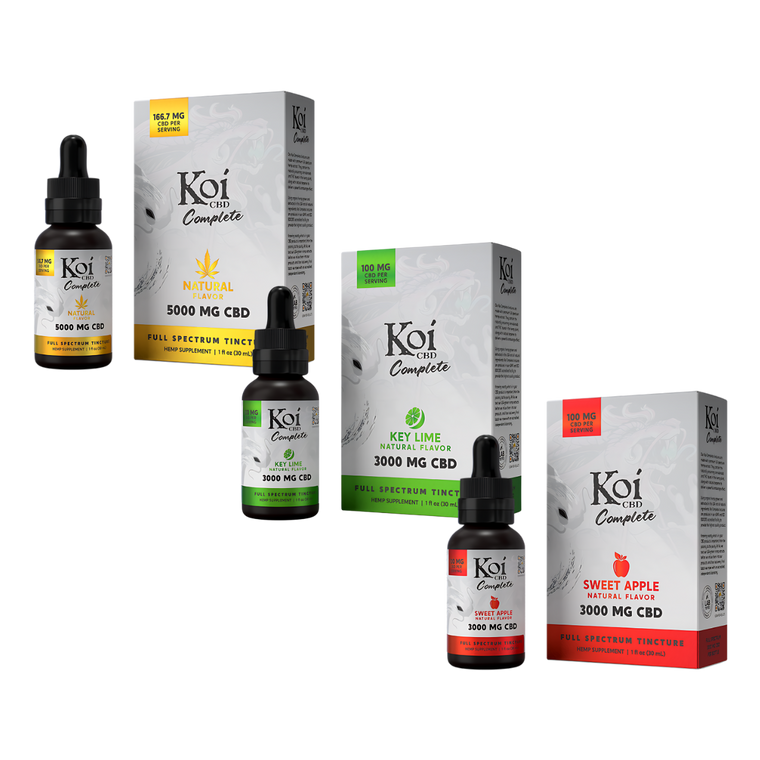 Thumbnail:
Koi Complete Full Spectrum CBD Tincture product lineup featuring Sweet Apple, Key Lime, and Natural flavors in multiple strengths