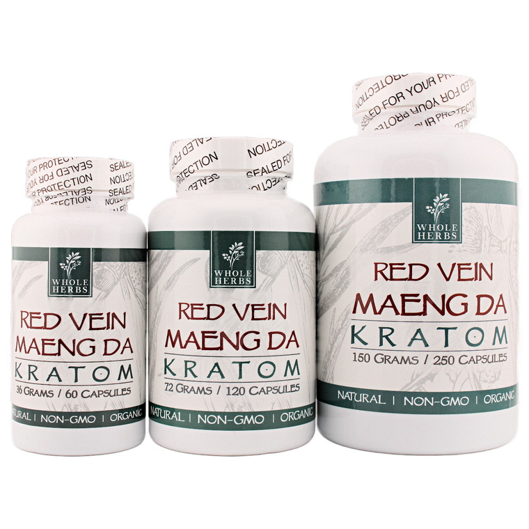 Whole Herbs Red Vein Maeng Da Kratom Capsules Group Shot.