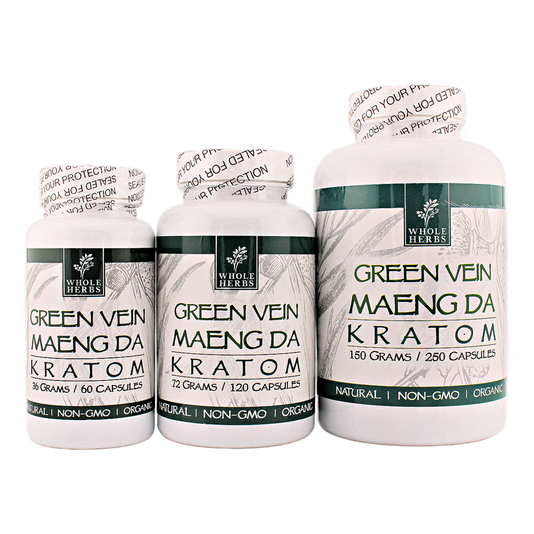 Whole Herbs Green Vein Maeng Da Kratom Capsules - Group shot jars