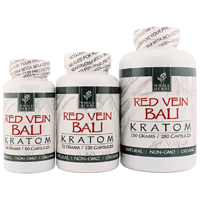Whole Herbs Red Vein Bali Kratom Capsules Group Shot