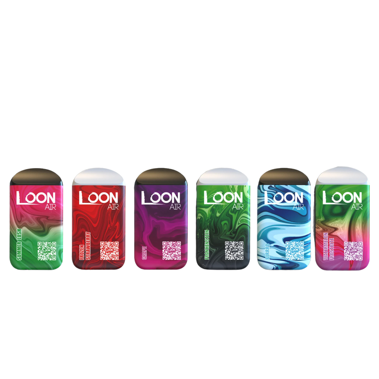 Loon Air 6000 Puff Disposable group shot featuring 15 popular flavors, rechargeable vape device on sale now for $22