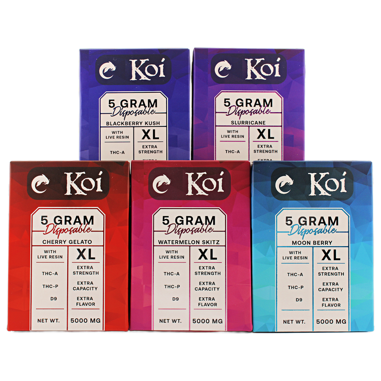 Koi | THCa · THCp · Delta-9 Disposable Vape | 5g | Group Thumbnail. "Group image of Koi 5-Gram THCA Disposable Vapes – Premium rechargeable disposables available in Cherry Gelato, Watermelon Skitz, Moon Berry, Blackberry Kush, and Slurricane strains, showcasing sleek vape pens."
(Focuses on all five strains together, highlighting the sleek design of the disposables.)