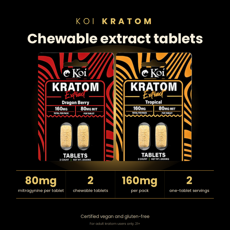 Koi Kratom chewable extract tablets, 80mg mitragynine per tablet, 2ct pack, 160mg total