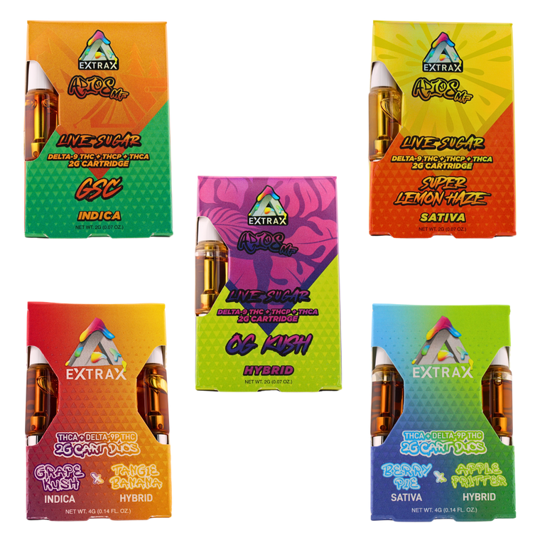 Group shot of EXTRAX Adios MF Live Sugar 2g THC Cartridges featuring Delta 8 THC, Delta 9 Live Sugar THC, THCA, and THCP in sativa, hybrid, and indica strains