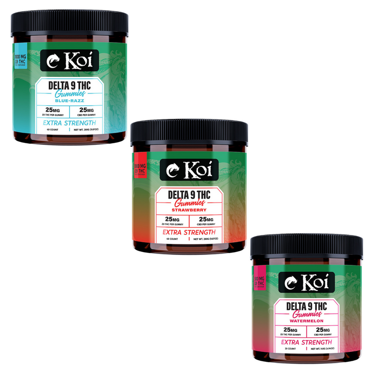 Koi Extra Strength Delta 9 THC Gummies lineup featuring Blue Razz, Strawberry, and Watermelon flavors in vibrant jars.