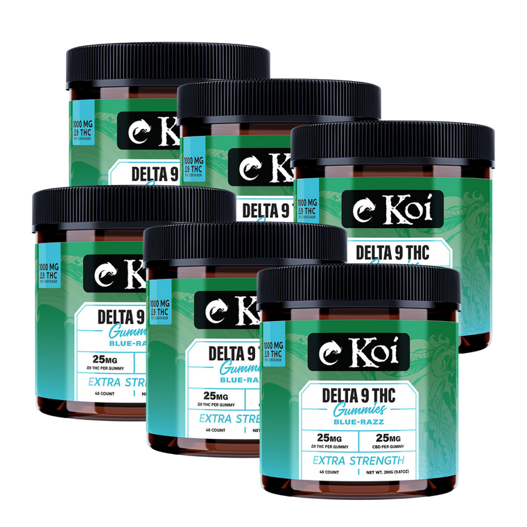 Blue Razz 40ct CASE NEW Koi Extra Strength Delta 9 THC Gummies 25mg THC and 25mg CBD per gummy wholesale case price