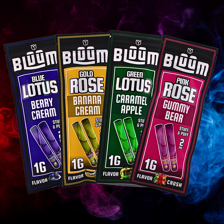 Thumbnail image of all four BLUUM exotic flower blunt wraps displayed on a vibrant, colorful background.