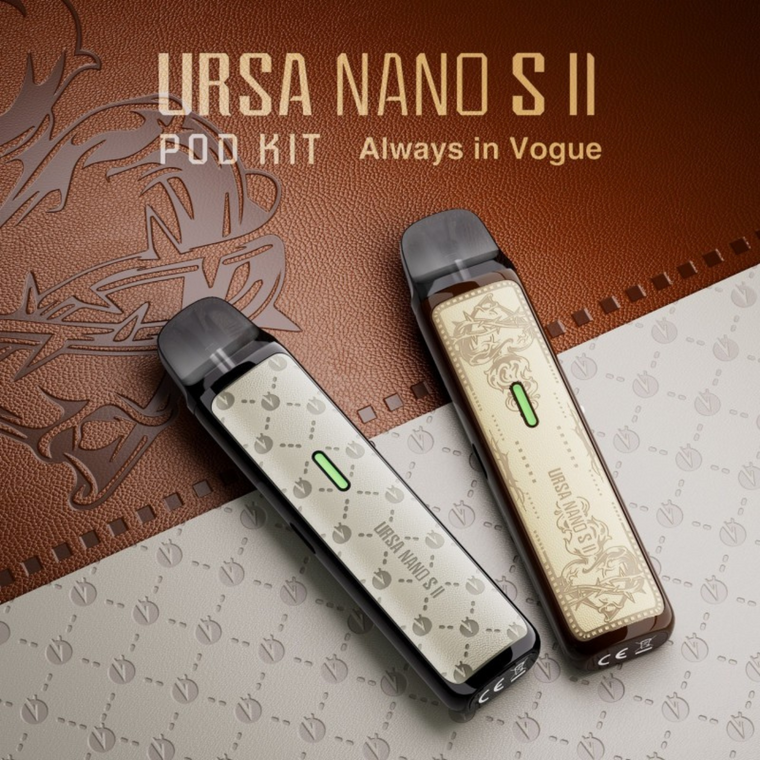 Grey Neverfall and Brown Thorns Lost Vape URSA Nano S 2 on leather background - Explore authentic Lost Vape products with fast shipping