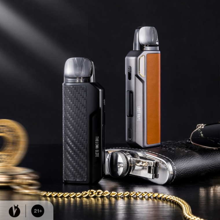 Ad image of the Lost Vape Thelema Elite 40W Pod System, featuring a variety of designs and innovative features for the ultimate vaping experience. Shop today with fast and discreet shipping
