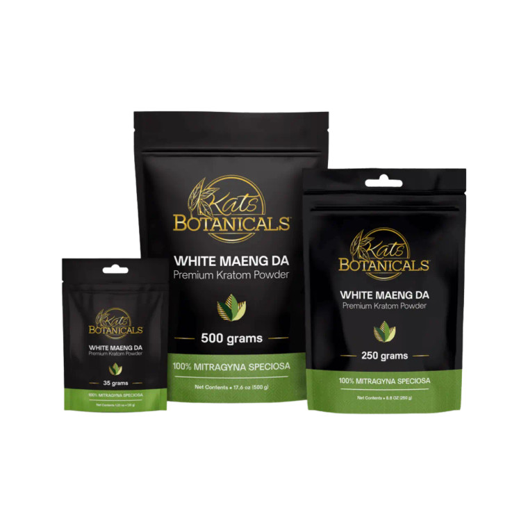 Kats Botanicals White Maeng Da white vein kratom powder lineup (Mitragyna speciosa) with 35g, 250g, and 500g bags—premium, lab-tested, high-quality, buy online.