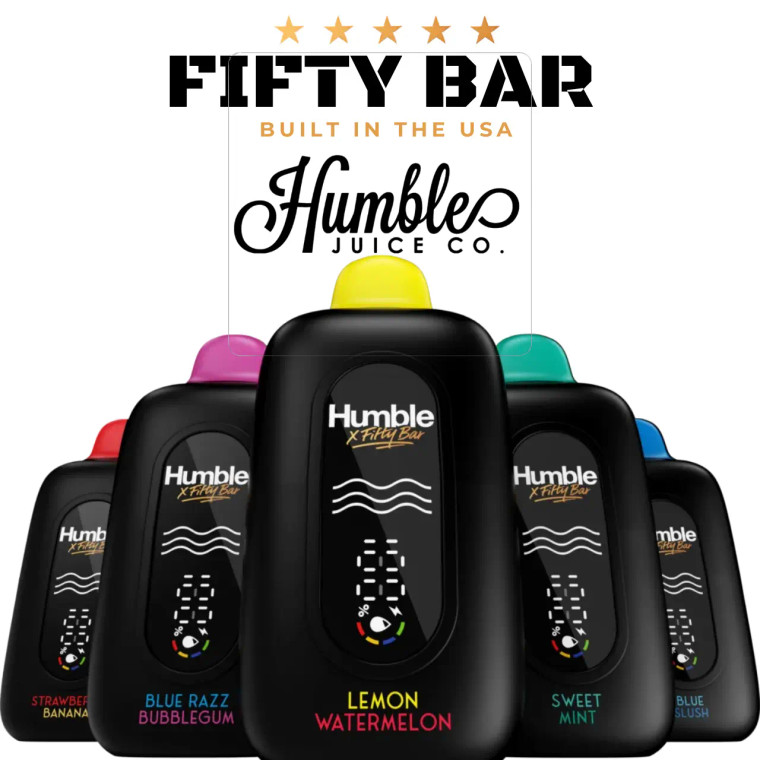 Fifty Bar x Humble Juice Co. disposable vape collaboration lineup featuring Strawberry Banana, Blue Razz Bubblegum, Lemon Watermelon, and Sweet Mint, built in the USA with 20,000 puffs.