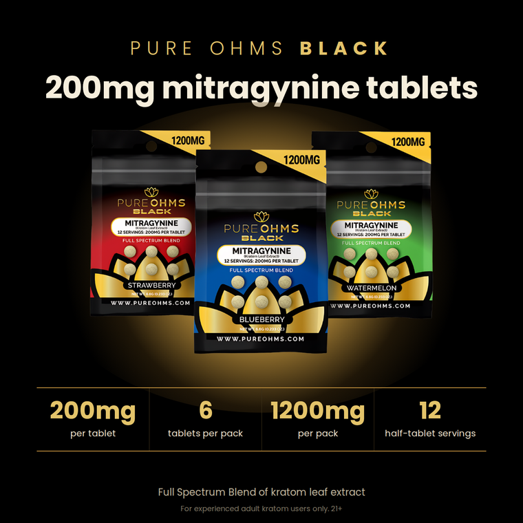 Pure Ohms Black 200mg mitragynine tablets, 6 tablets and 1200mg per pack, 12 half-tablet servings