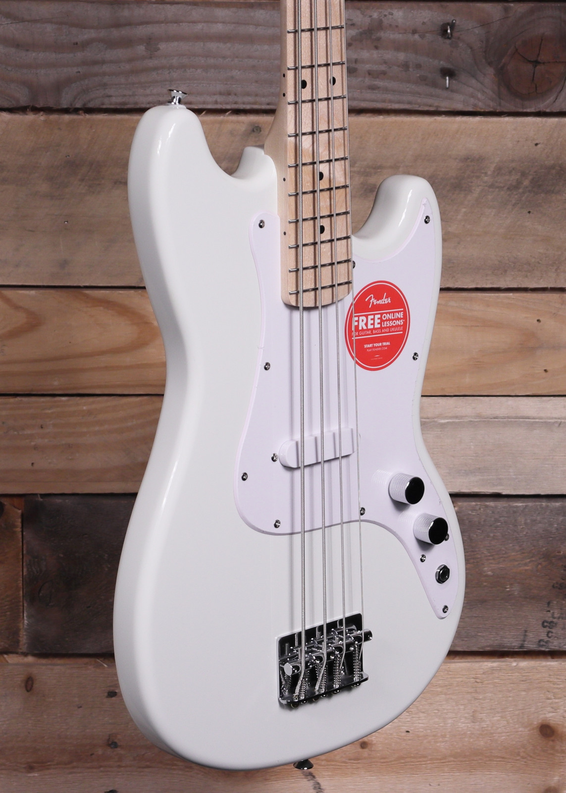 Squier Sonic Bronco E-Bass - Kurze Mensur (30"), Arctic White, Maple Griffbrett, 1x Single-Coil Pickup
