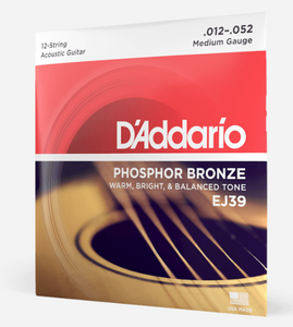 D'Addario EJ39 12-String Phosphor Bronze Acoustic Guitar Strings - Medium, 12-52