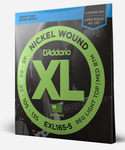 D'Addario EXL165-5 5 String Nickel Wound Bass Guitar Strings - Light Top/Medium Bottom, 45-135