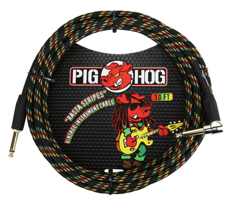 Pig Hog Vintage Series Rasta Stripes Instrument Cable - 10 ft Right Angle - 1