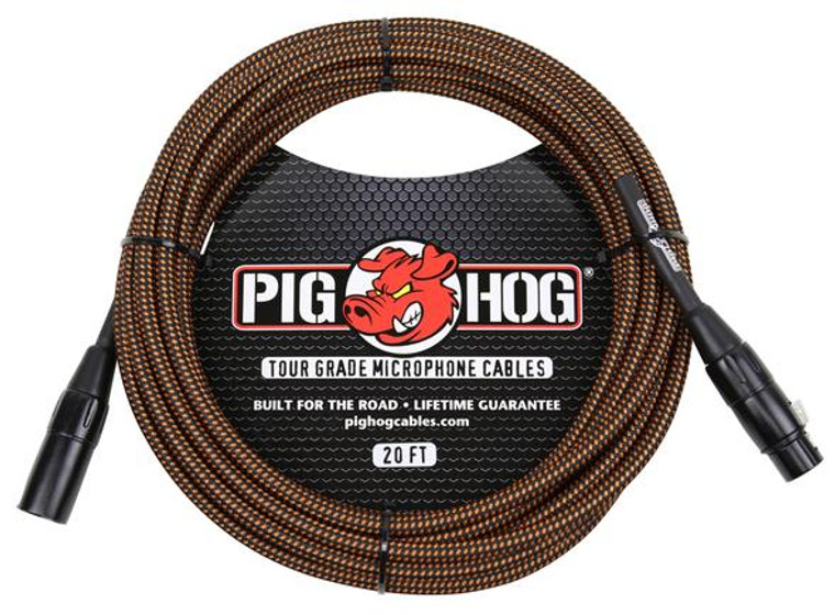 Pig Hog PHM20ORG Black and Orange Woven Microphone Cable - 20ft XLR