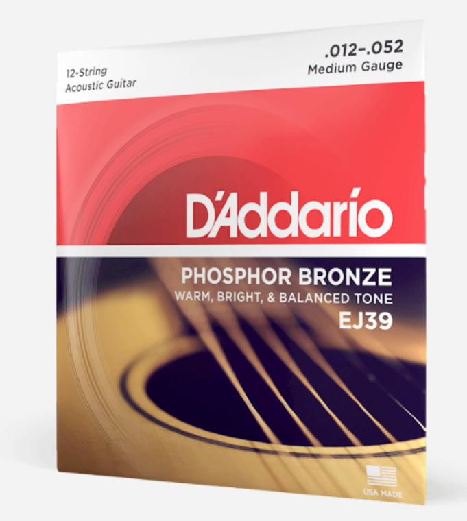 D'Addario EJ39 12-String Phosphor Bronze Acoustic Guitar Strings - Medium, 12-52