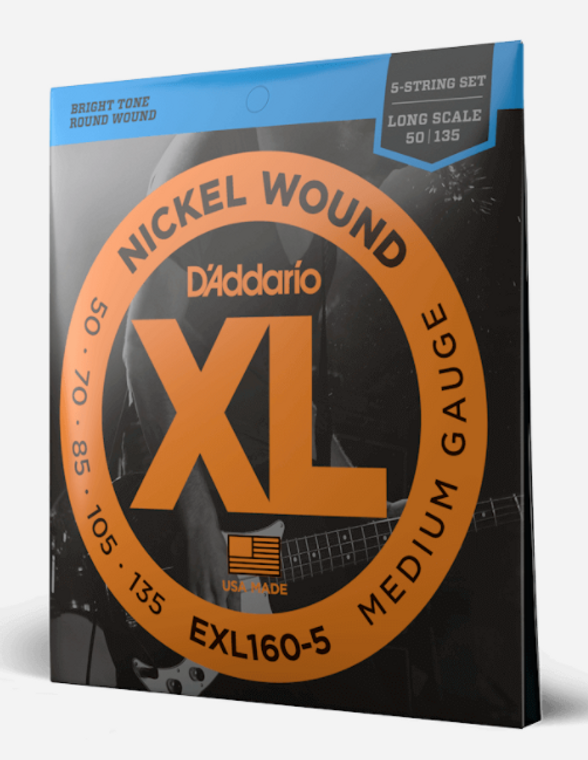 D'Addario EXL160-5 Long Scale 5-String Nickel Wound Bass Guitar Strings - Medium, 50-135