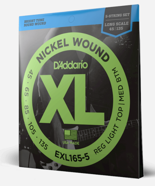 D'Addario EXL165-5 5 String Nickel Wound Bass Guitar Strings - Light Top/Medium Bottom, 45-135