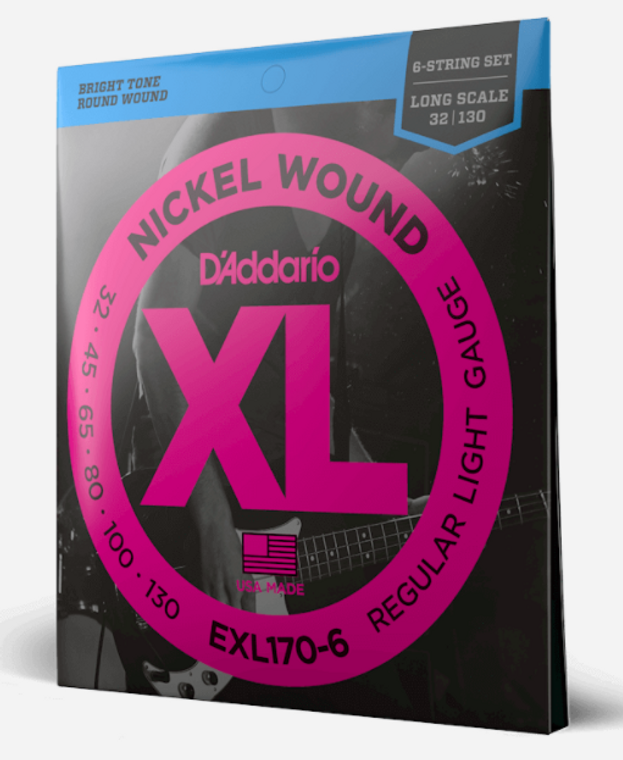 D'Addario EXL170-6 Long Scale Nickel Wound 6-String Bass Guitar Strings - Light, 32-130