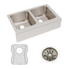 Elkay Lustertone Classic Stainless Steel 33" x 20-1/2" x 10" Equal Double Bowl Farmhouse Sink Kit