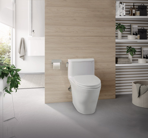 Toto Nexus One Piece Elongated Auto Flush Washlet+ Ready Universal Height Toilet Toilet 1.28 GPF with SS124 SoftClose Seat in Ebony