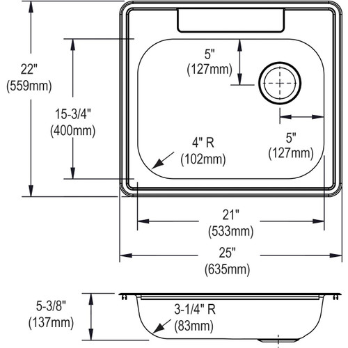 Elkay Dayton Stainless Steel 25" x 22" x 5-3/8" 3-Hole Single Bowl Drop-in Sink with Right Drain