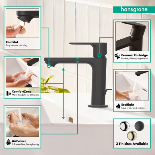 hansgrohe 72517671 Rebris S Single-Hole Faucet 110 with Pop-Up Drain, 1.2 GPM in Matte Black