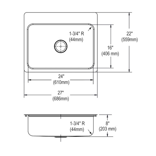 Elkay Dayton Stainless Steel 27" x 22" x 8", MR2-Hole Single Bowl Dual Mount Sink