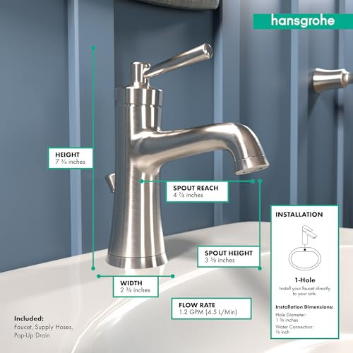hansgrohe 04771820 Joleena Single-Hole Faucet 100 with Pop-Up Drain, 1.2 GPM in Brushed Nickel