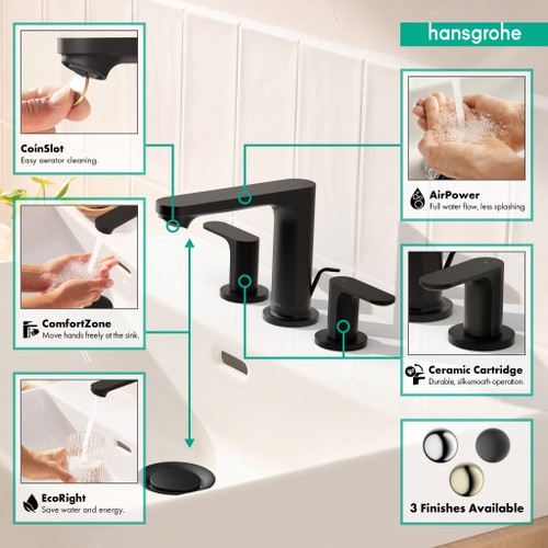 hansgrohe 72530671 Rebris S Widespread Faucet 110 with Pop-Up Drain, 1.2 GPM in Matte Black
