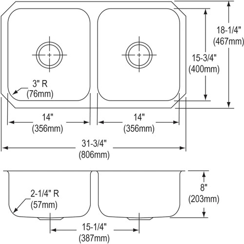 Elkay Dayton Stainless Steel 31-3/4" x 18-1/4" x 8", Equal Double Bowl Undermount Sink - DXUH3118
