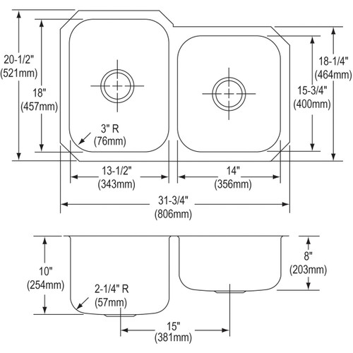 Elkay Dayton Stainless Steel 31-3/4" x 20-1/2" x 10" 60/40 Double Bowl Undermount Sink - DXUH312010R