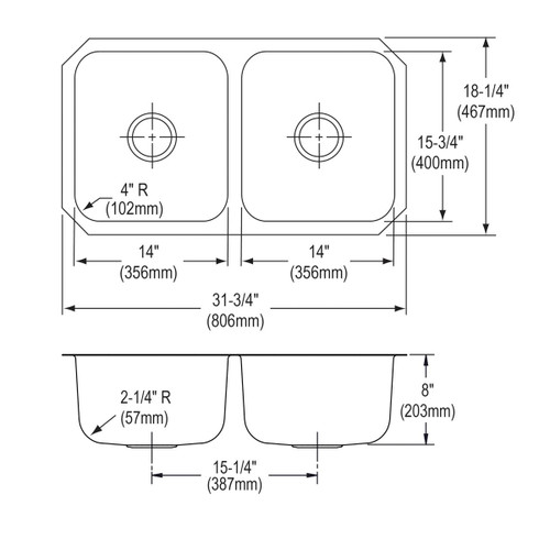 Elkay Dayton Stainless Steel 31-3/4" x 18-1/4" x 8", Equal Double Bowl Undermount Sink - DCFU3118