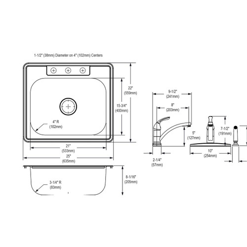 Elkay Dayton Stainless Steel 25" x 22" x 8-1/16" 4-Hole Single Bowl Drop-in Sink and Faucet Kit