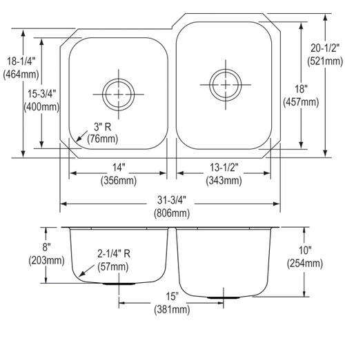 Elkay Dayton Stainless Steel 31-3/4" x 20-1/2" x 10" 40/60 Double Bowl Undermount Sink - DCFU312010L