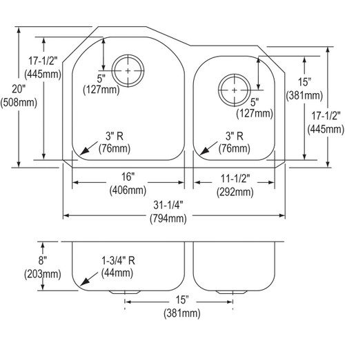 Elkay DXUH3119R Dayton Stainless Steel 31-1/4" x 20" x 8", Offset 60/40 Double Bowl Undermount Sink