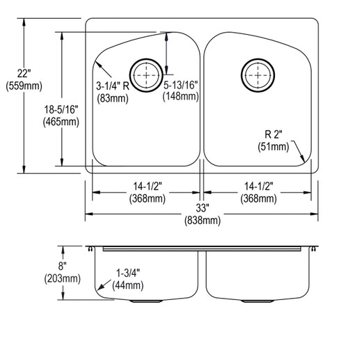 Elkay Dayton Stainless Steel 33" x 22" x 8" 3-Hole Equal Double Bowl Dual Mount Sink
