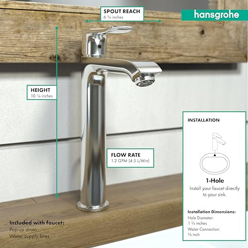 Hansgrohe 31183001 Metris Single-Hole Faucet 200 with Pop-Up Drain, 1.2 GPM in Chrome