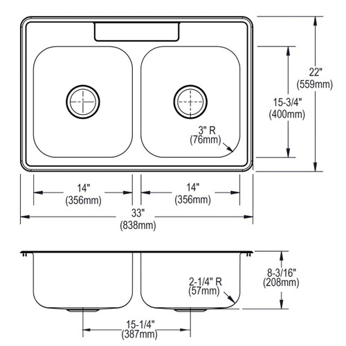 Elkay Dayton Stainless Steel 33" x 22" x 8-3/16", 4-Hole Equal Double Bowl Drop-in Sink