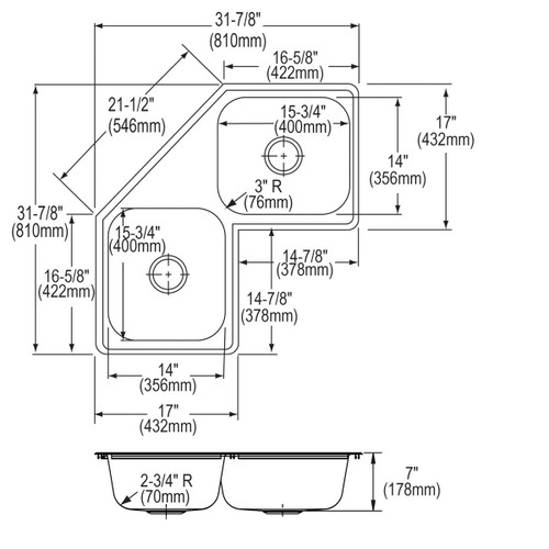 Elkay Dayton Stainless Steel 31-7/8" x 31-7/8" x 7", 3-Hole Equal Double Bowl Corner Sink