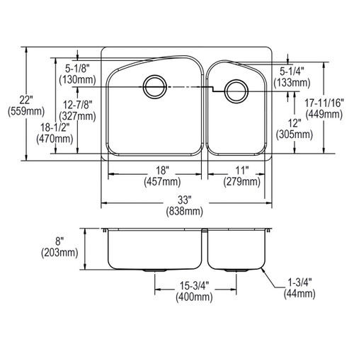 Elkay Dayton Stainless Steel 33" x 22" x 8", 0-Hole 60/40 Double Bowl Dual Mount Sink
