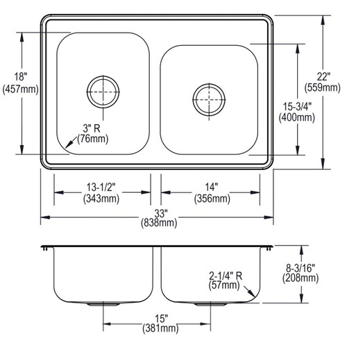 Elkay Dayton Stainless Steel 33" x 22" x 8-3/16" Offset 3-Hole Double Bowl Drop-in Sink