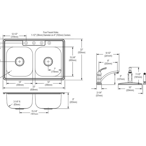 Elkay Dayton Stainless Steel 33" x 22" x 8-1/16" 4-Hole Equal Double Bowl Drop-in Sink and Faucet Kit