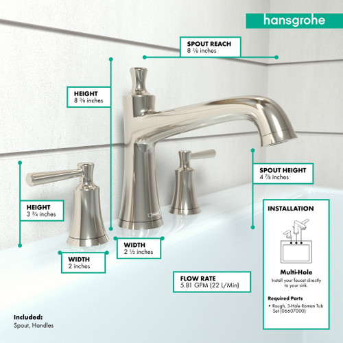 Hansgrohe 04776830 Joleena 3-Hole Roman Tub Set Trim in Polished Nickel