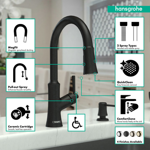 Hansgrohe 04793670 Joleena High Arc Kitchen Faucet, 2-Spray Pull-Down, 1.75 GPM in Matte Black