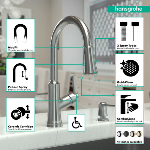 Hansgrohe 04793800 Joleena High Arc Kitchen Faucet, 2-Spray Pull-Down, 1.75 GPM in Steel Optic Hansgrohe 04793800 Joleena High Arc Kitchen Faucet, 2-Spray Pull-Down, 1.75 GPM in Steel Optic