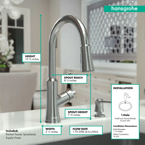 Hansgrohe 04793800 Joleena High Arc Kitchen Faucet, 2-Spray Pull-Down, 1.75 GPM in Steel Optic Hansgrohe 04793800 Joleena High Arc Kitchen Faucet, 2-Spray Pull-Down, 1.75 GPM in Steel Optic